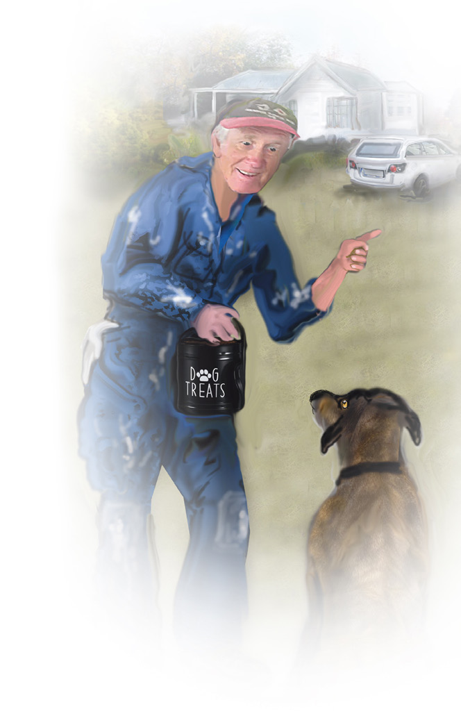 Poppa and Jed with a tin of dog treats